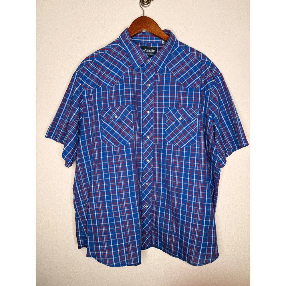 Wrangler Men Blue Red Plaid Western Short Sleeve‎ Snap Button Shirt XXL - Picture 6 of 7